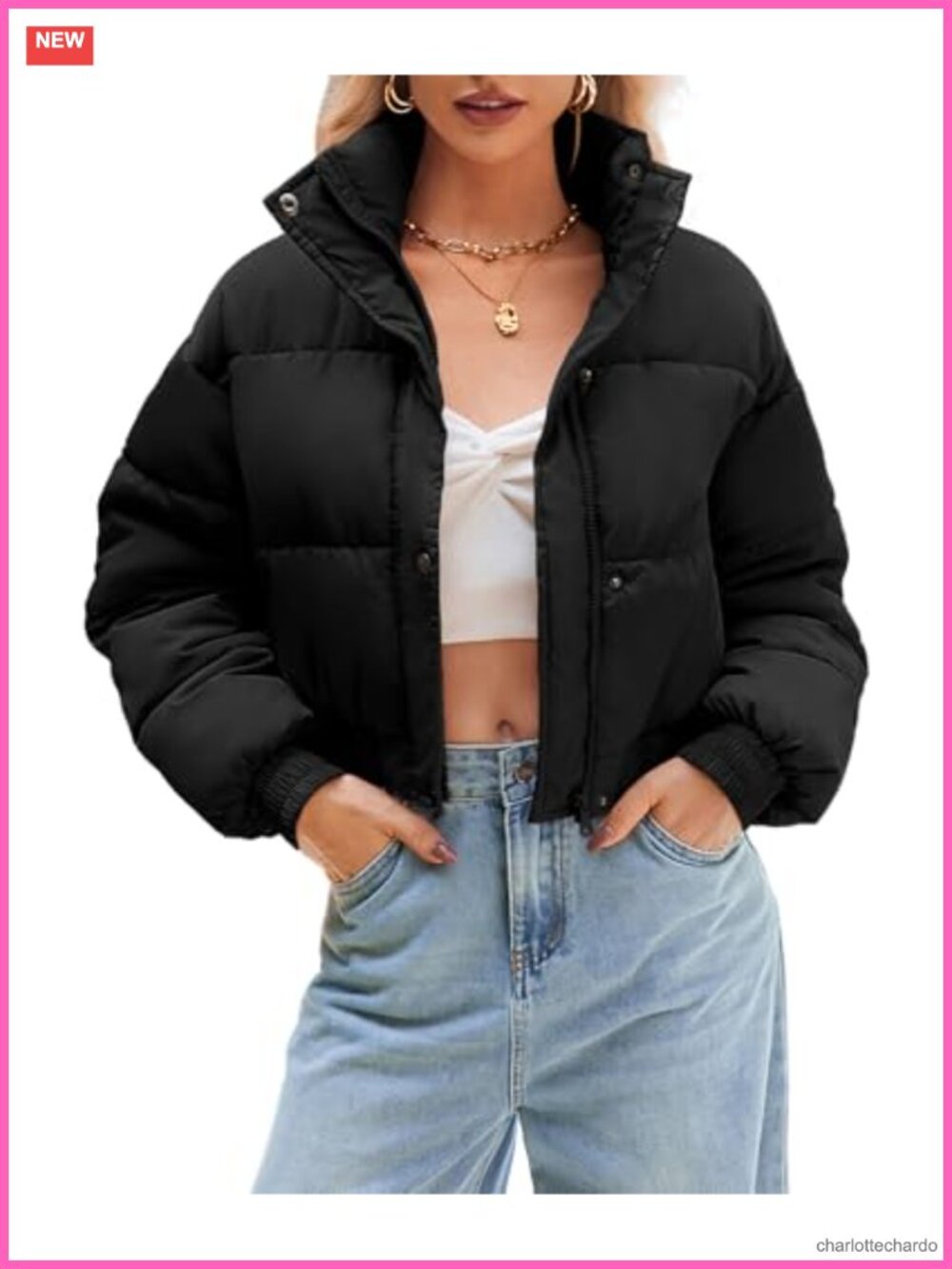 WHN Women's Cropped Quilted Puffer Jacket Lightweight Warm Zip Snap Coat